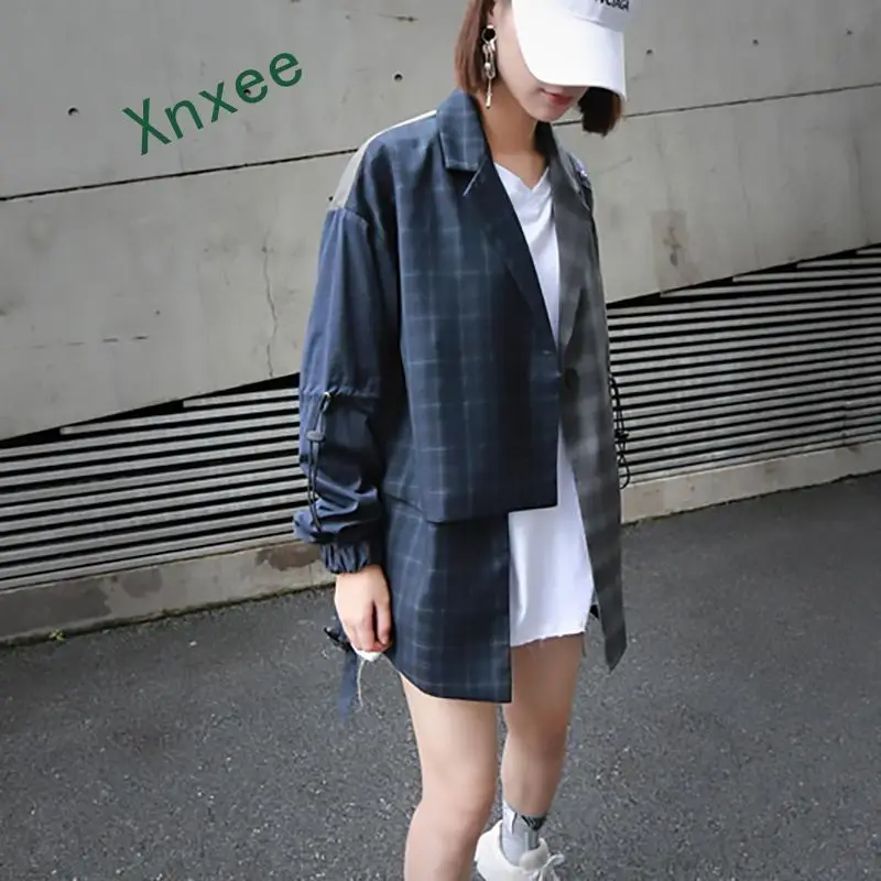 Xnxee 2019 New Spring Summer Lapel Long Sleeve Blue Hit Color Plaid Loose Big Size Irregular Jacket Women Coat Fashion