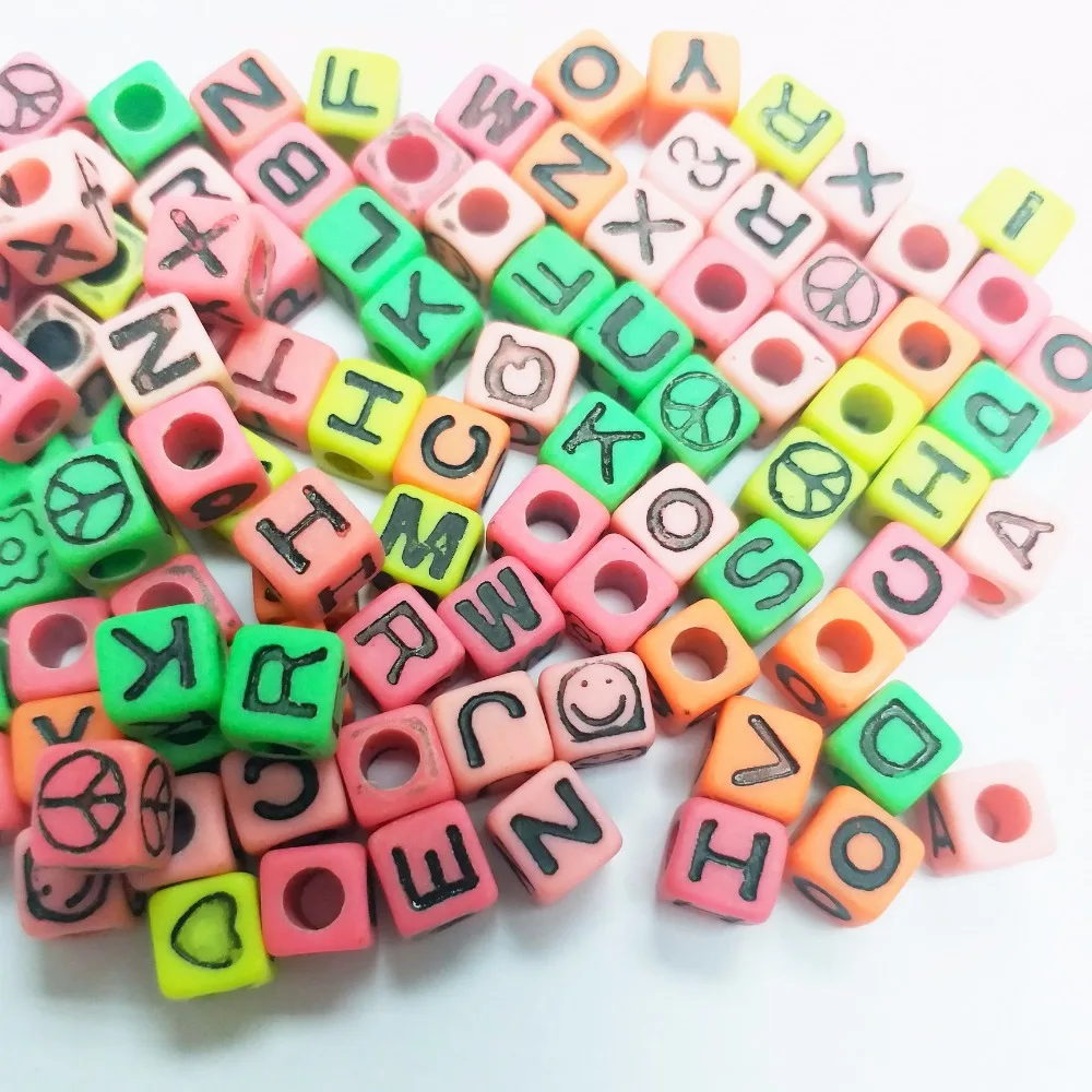 50 pcs, Plastic Cube Shape Letter Beads, Big Hole Beading, Necklace, Bracelet, Keychain, Kid's Jewelry, 3mm, 7mm