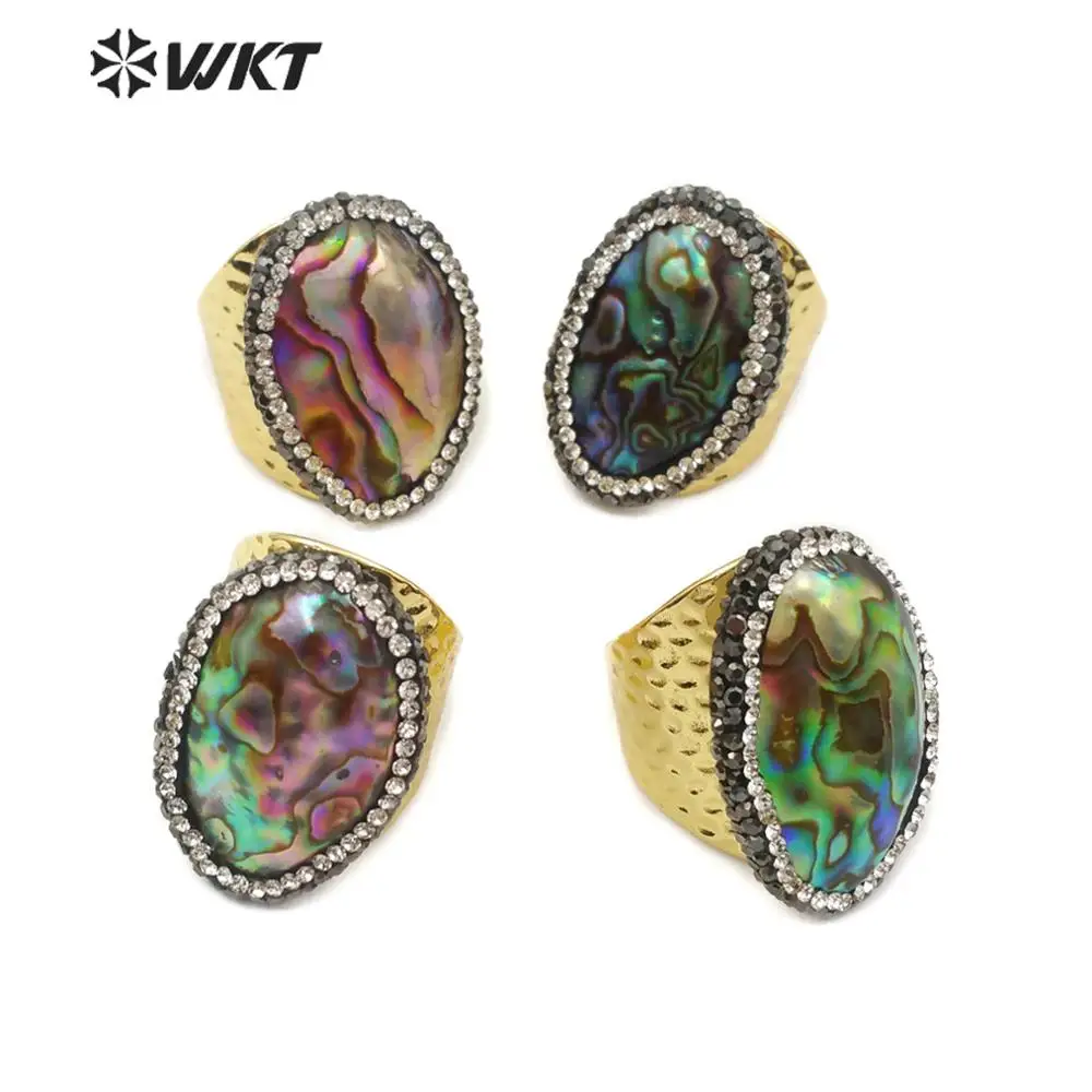 WT-RR030 WKT Natural Color Abalone Shell 18k Gold Rings With Zicon Paved Colorful Shell Jewelry Finding For Cocktail Party