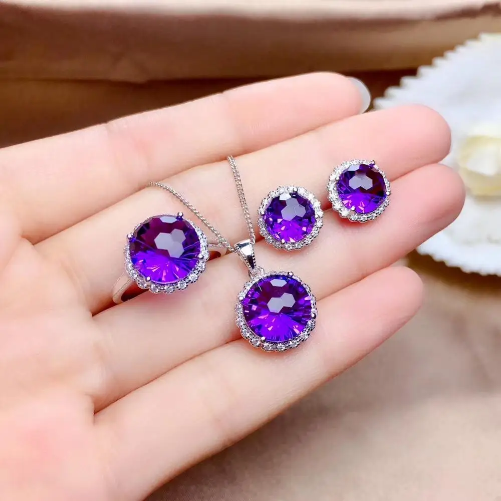 

natural amethyst gemstone jewelry set including earrings ring necklace for women with silver