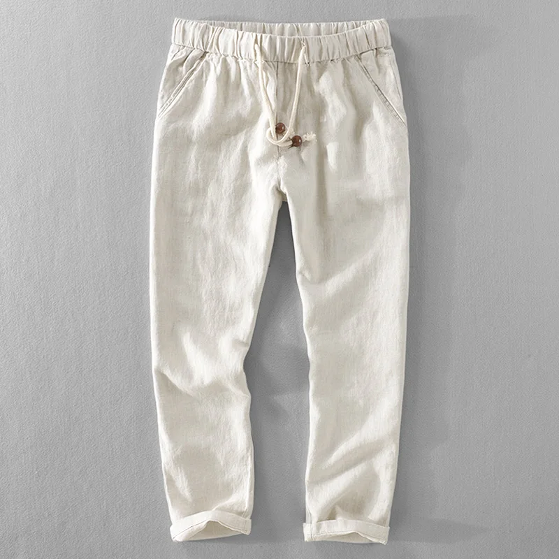 New mens linen ankle-length pants loose casual flax pants men brand fashion solid trousers men elastic waist pantalones