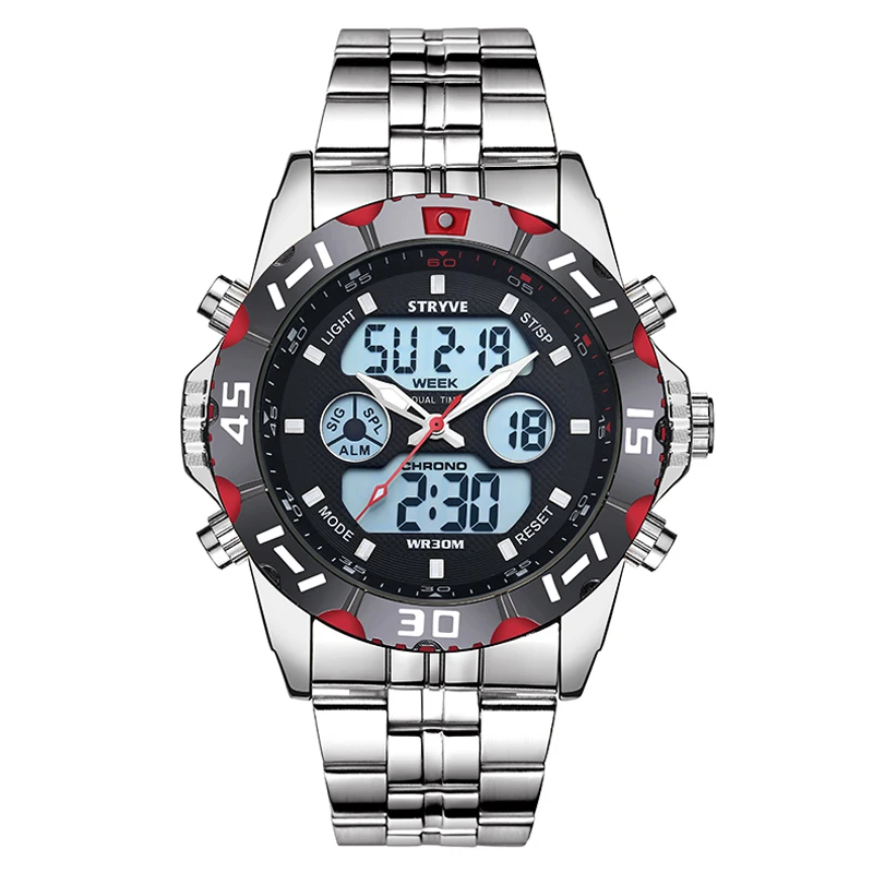 Stryve 8011 Brand Men's Sports Watch 30M Waterproof LED Quartz Dual Display Military Stainless Steel Band Men's Watches Hot Sale