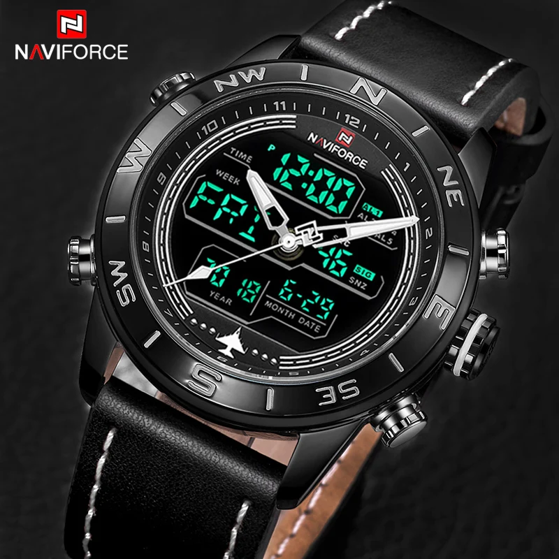 2018 Men Watches NAVIFORCE Top Luxury Brand Leather Quartz Watch Men Fashion Dual Display Sports Digital Clock Relogio Masculino