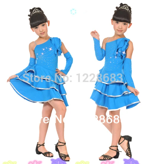 New Rhinestone Diamond Single Shoulder Strap Unequal Kids Girls Child Latin Dance Dress