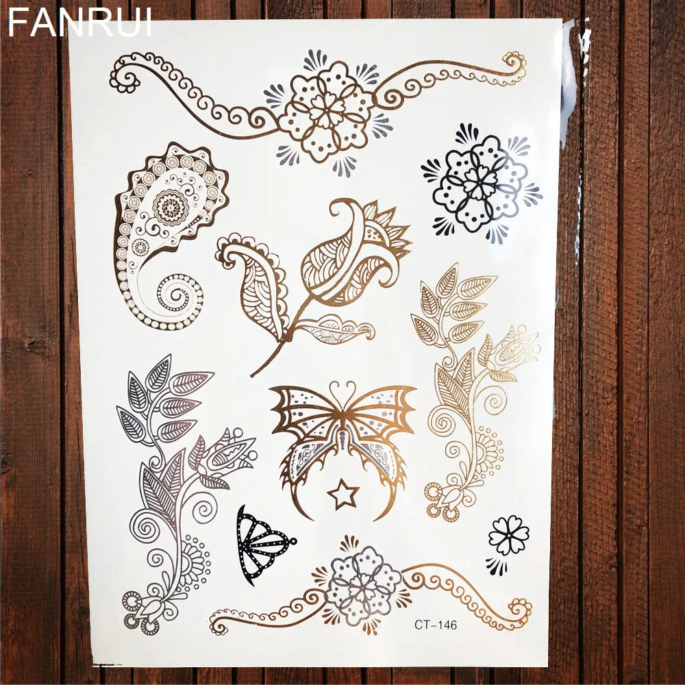 Gold Metallic Butterfly Temporary Tattoo Lance Henna Flower Women Flash Tattoo Sticker Girl Body Hand Art Waterproof Tatoos Leaf