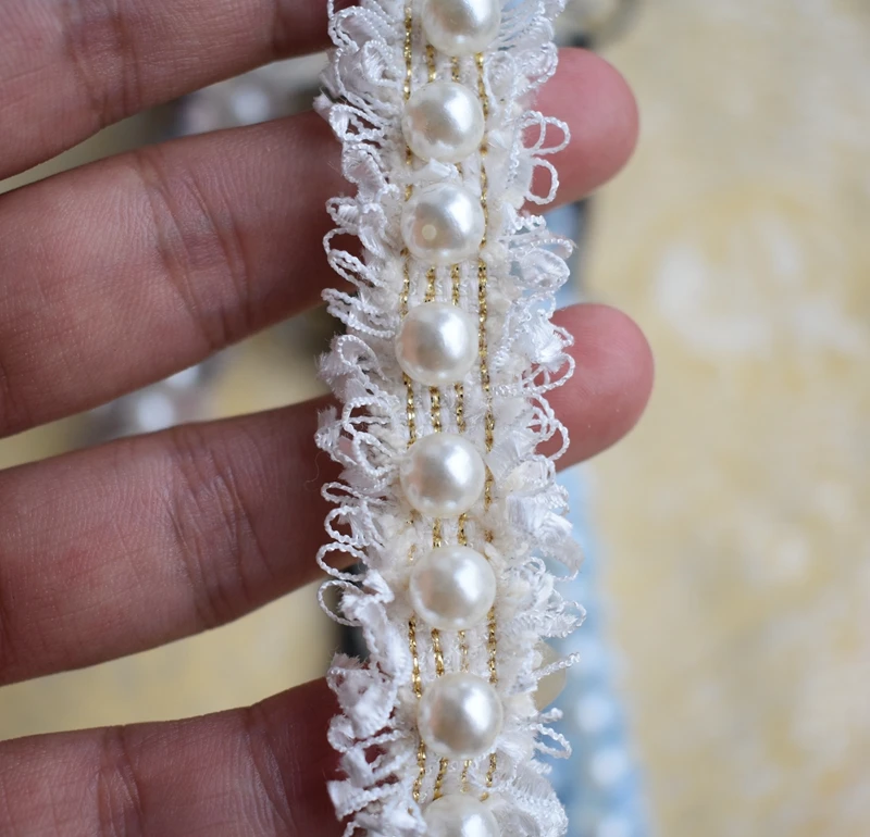 Vintage 2.5cm Pearl Beaded Lace Trim Ribbon Fabric Handmade DIY Costume Dress Sewing Supplies Craft Fringe Lace