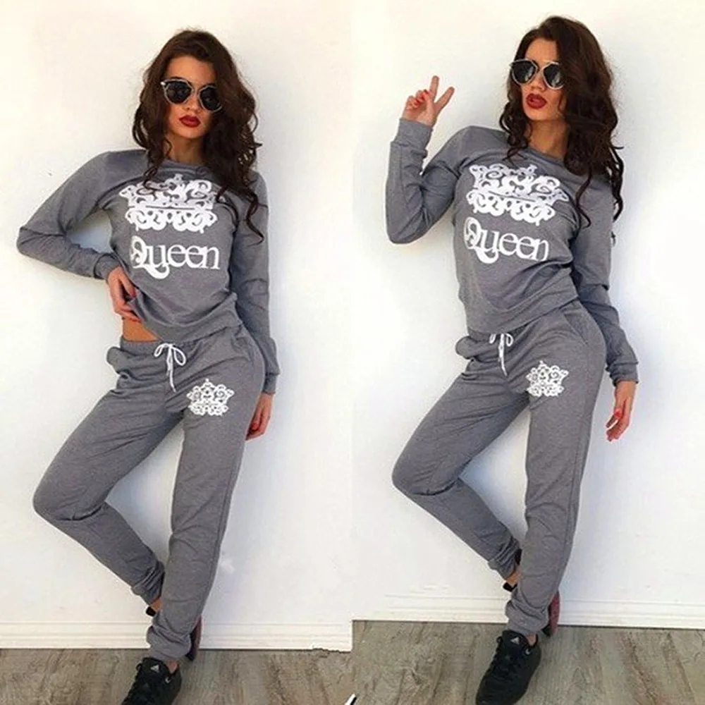 Women Winter Two Pieces Set Queen Crown Printed Tracksuits long Sleeve Bodycon Jumpsuit