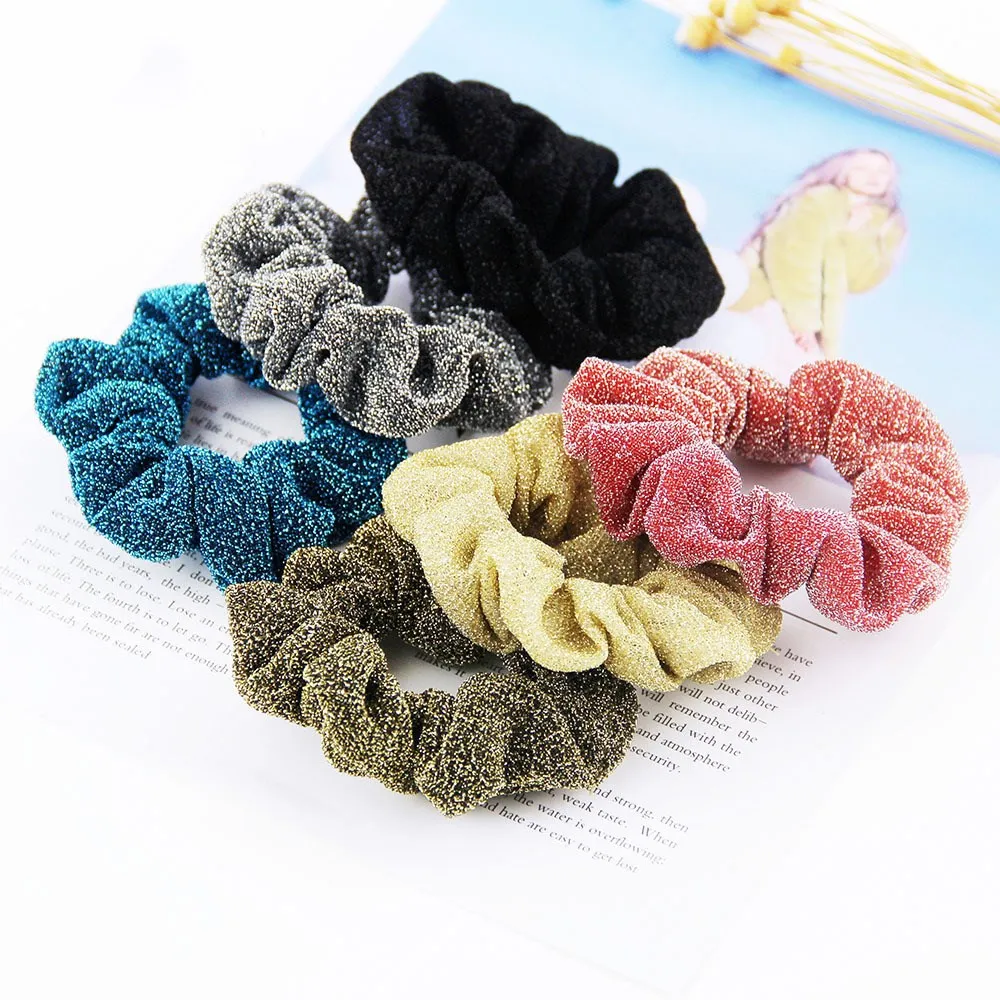 1pcs Shining 8cm sweet Glitter Metalic Fabric Hair Scrunchies Women Hair Accessories  Elastic Hair Ties