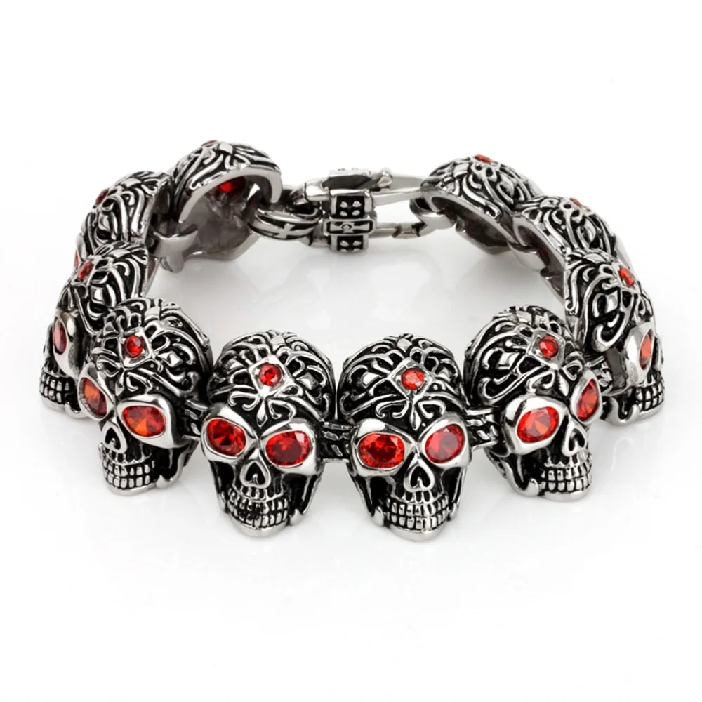 

Men Accessories Stainless Steel Biker Jewelry Beaded Skull Bracelet Retro Punk Gothic Skeleton Head Rhinestone Bracelets