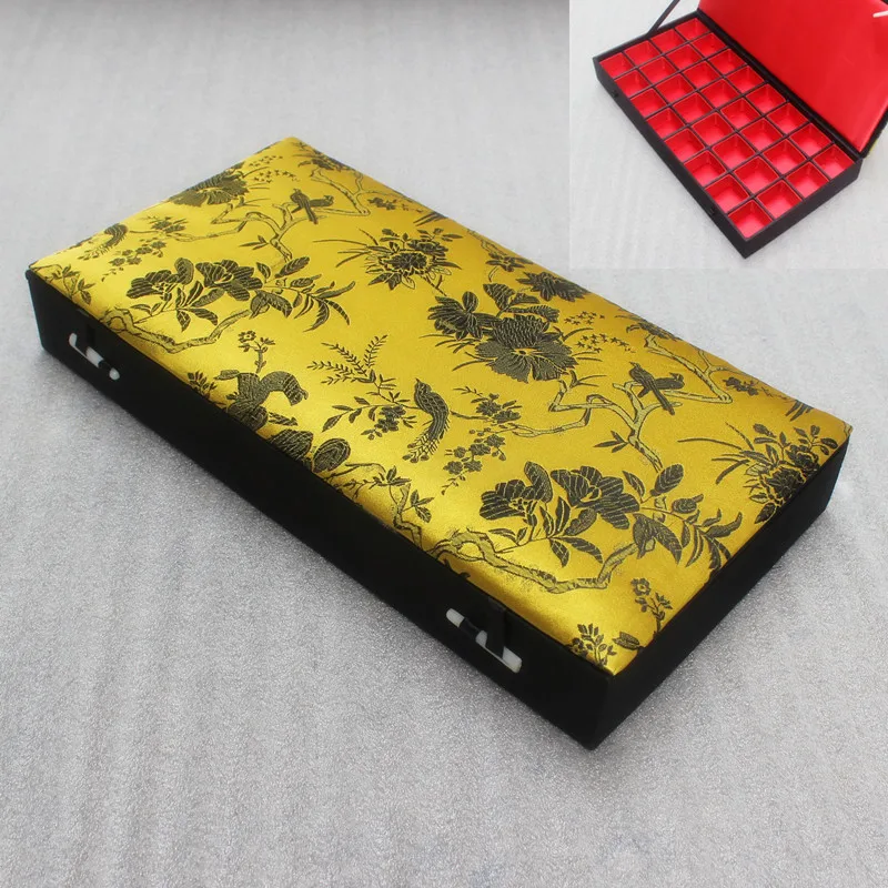 Chinese Silk Brocade Small Grid Jewelry Box 32 Slots Ring Earring Pendants Necklace Wood Storage Boxes Collection Case