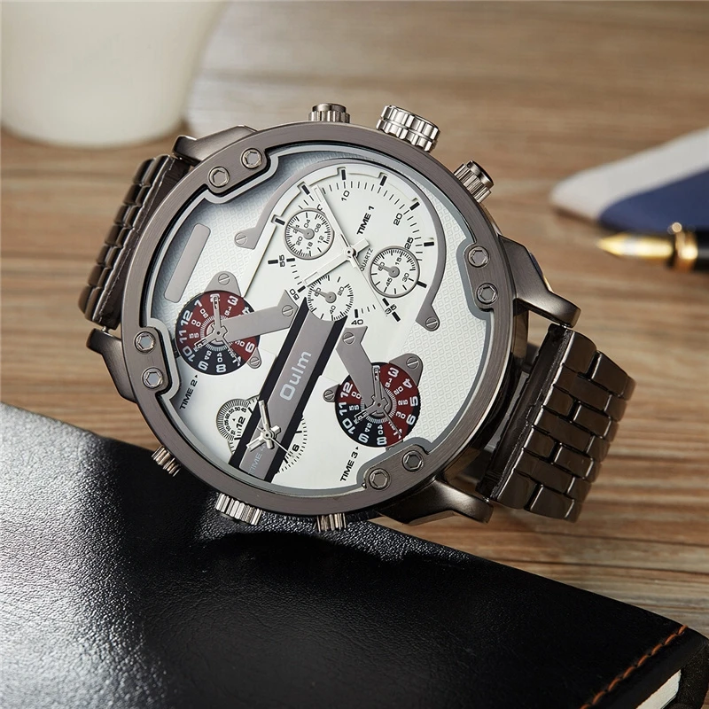 Oulm Large Dial Super Big Male Watch Dual Time Zone Luxury Brand Men\'s Wristwatch Small Dials for Decoration Men Quartz Watches