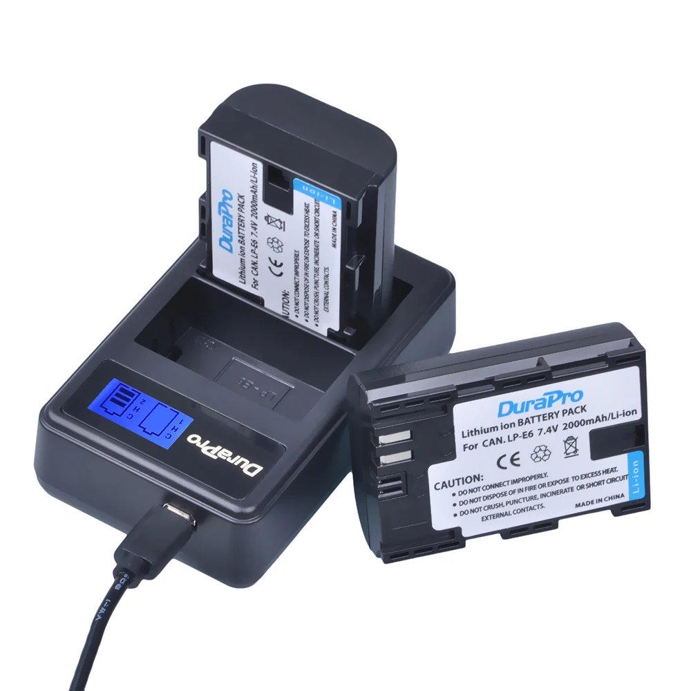 DuraPro 2pc LP-E6 Bateria LP-E6N LP E6 E6N Battery + LCD USB Dual Charger For Canon EOS 5D Mark II III 7D 60D 6D Battery