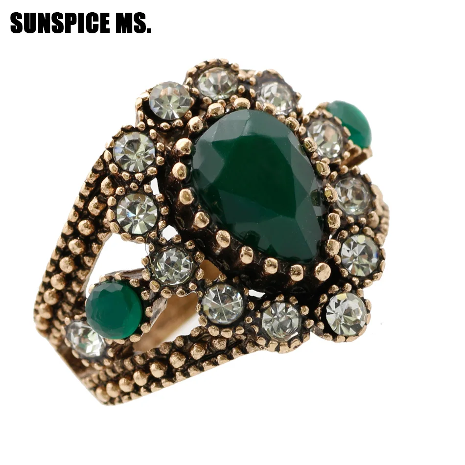 SUNSPICE MS. Turkish Vintage Ring For Women Wedding Jewelry Water Drop Resin Crystal Finger Rings Indian Retro Charm Bijoux Gift