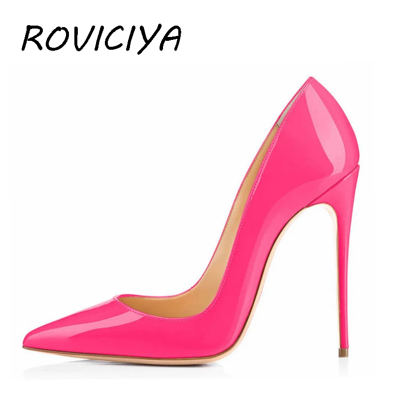 Sexy Women Pumps 8 cm 10 cm 12 cm Stilettos Women Shoes High Heel Wedding Party Shoes Patent Leather Rose Pink QP001 ROVICIYA