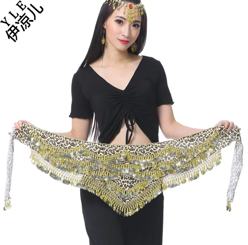 2018 New arrival cheap women belly dance hip scarf leopard print gold coins velvet belt for sale