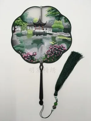 

Fine traditional Craft Chinese Fan Dance Costume Decorative Mulberry Silk Fan Handmade Double Suzhou Embroidery Ebony Handle Fan