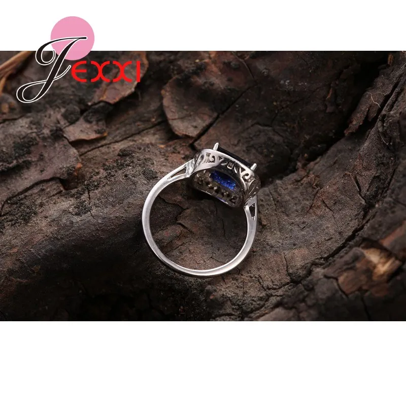 Desain Simpel Elegan 925 Perak Murni Zirkonia Kubik Cincin Persegi Biru untuk Wanita Anak Perempuan Hadiah Terbaik Anillo Bijoux