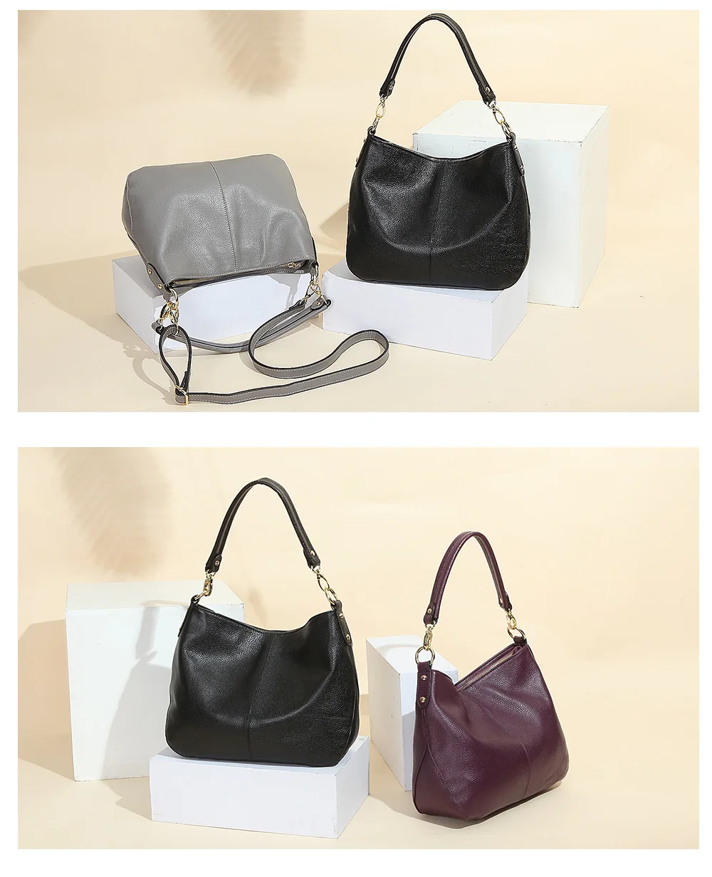 Zency 100 % echtes Leder, Qualität A+, Damen-Umhängetasche, modisch, schwarz, Messenger-Umhängetasche, Damen-Hobos, graue Tragetasche – Detail 9