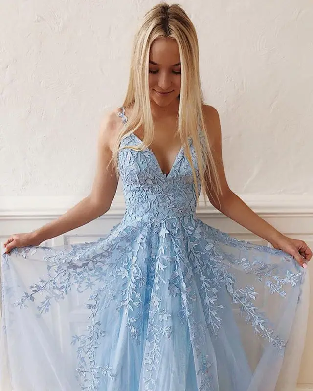 JaneVini Affascinante Luce Cielo Blu di Tulle Plus Size Abiti da ballo Con Scollo A V Appliques Del Merletto Backless UNA Linea di abiti Da Ballo Lunghi Abiti Eleganti