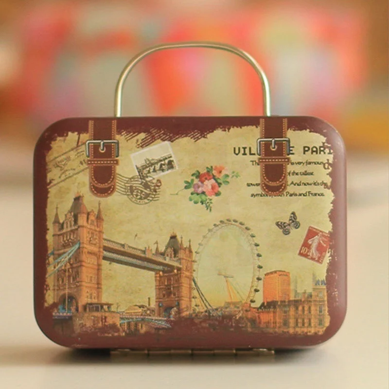 European Style Vintage Suitcase Shape Candy Storage Box Wedding Favor Iron Tin Box Organizer