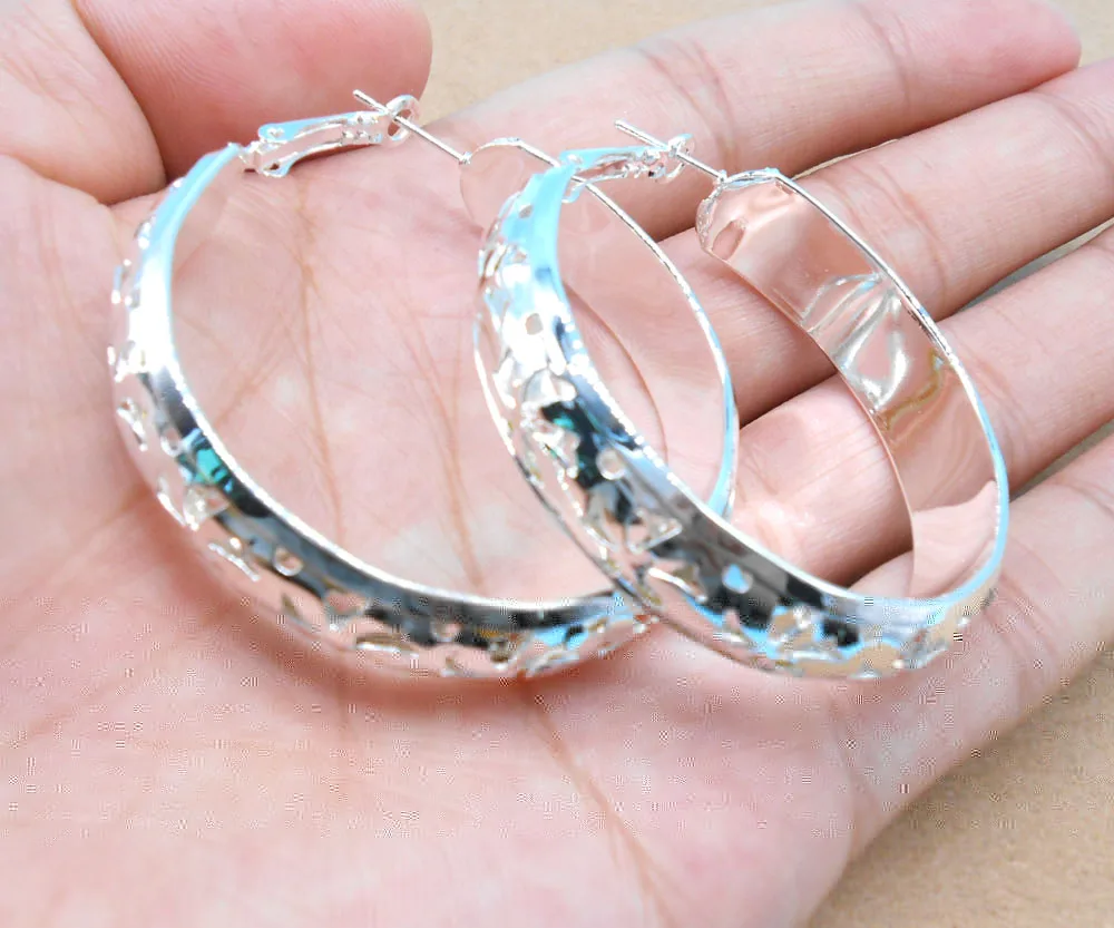 925 High Quality Silver colorSimple Wide Hollow Ear Ring Big 50MM Circle Female Earrings Wholesale Fashion