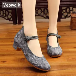 Veowalk Flower Embroidered Women Low Block Heel Canvas Pumps Ankle Strap Elegant Ladies Comfort Chinese Cheongsam Cotton Shoes