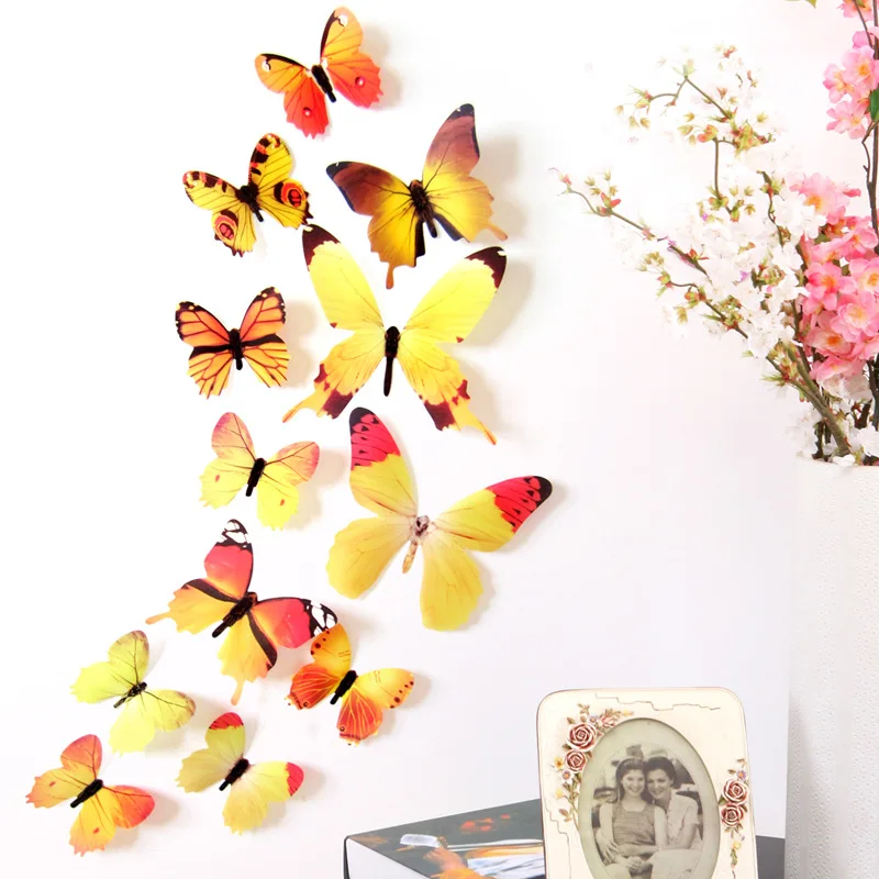 12 adet kelebekler 3D duvar Sticker yeni yıl ev dekor çıkartmaları kelebek düğün süslemeleri PVC oturma odası duvar kağıdı çıkartmaları
