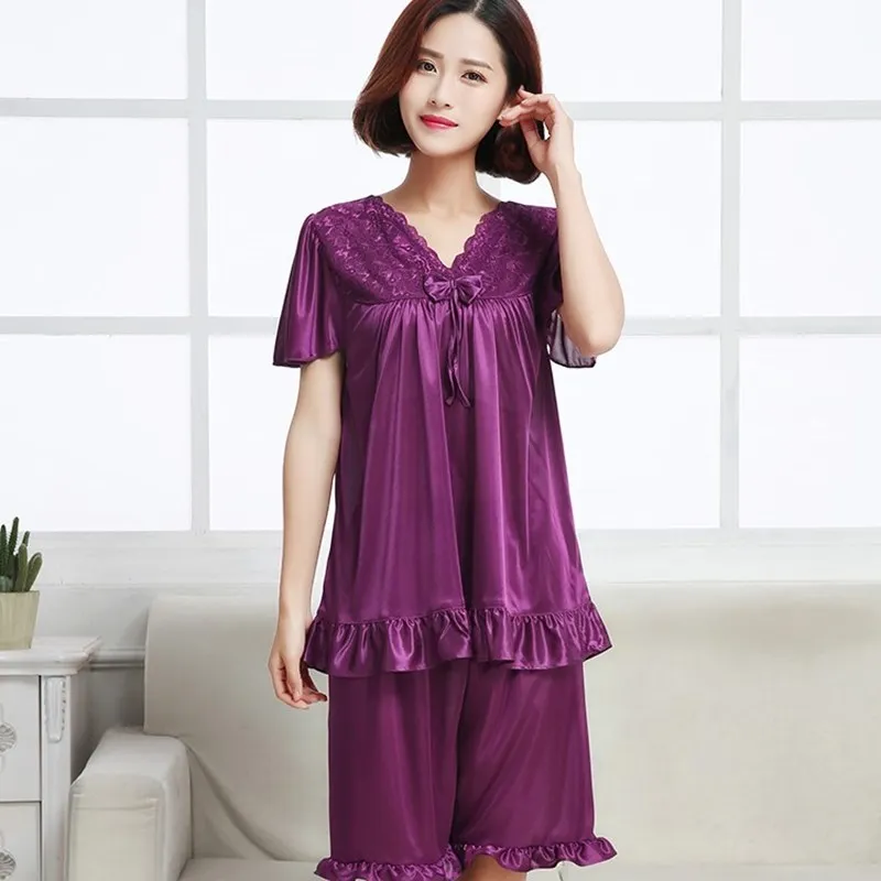 Maxi 5XL Summer Sexy Silk Satin Night Shirts 2PCS Set for Women Lace Sleepshirt Lingerie Sleepwear Female 2 Piece Nightgown