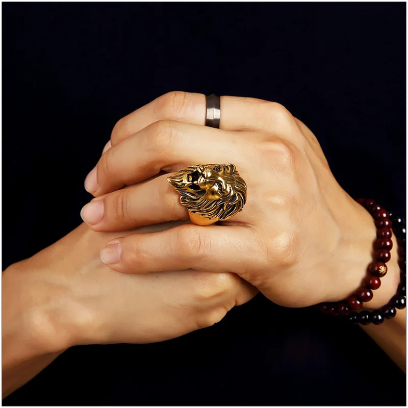 316L Stainless Steel Lion Face Gold Plated  Rings Hipsters Men Women Hip Hop Bijoux Street Dancing Nightclub Punk Finger Jewelry