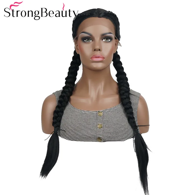 StrongBeauty Two Braid Hairstyles Lace Front Wigs for Women Synthetic Hair Long Black Lace Wig