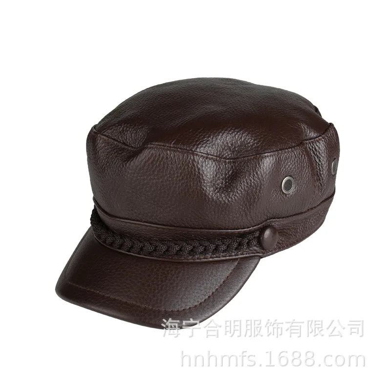 Autumn Winter Genuine Leather Hat Men's Flat Top Visor Hats Outdoor Recreational Middle-aged Old Male Cowhide Fashion Cap H6931