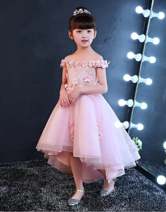 2017 New Shoulderless Flower Girls Dresses For Wedding Appliques Formal Girl Birthday Party Dress Red Lace Princess Ball Gown