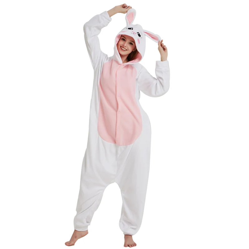 Cute Bunny Kigurumi Women Girls One-Piece Pajamas Rabbit Fleece Onesies For Adults Animal Cosplay Costume Sleepwear Birthday