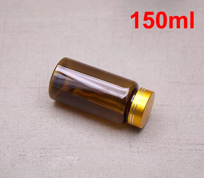 100PCS 150ML/150CC Translucent Brown Bottle, Pill / Capsules / Powder Bottle, PET Bottle With Gold Cap Pressure Sensitive Seals