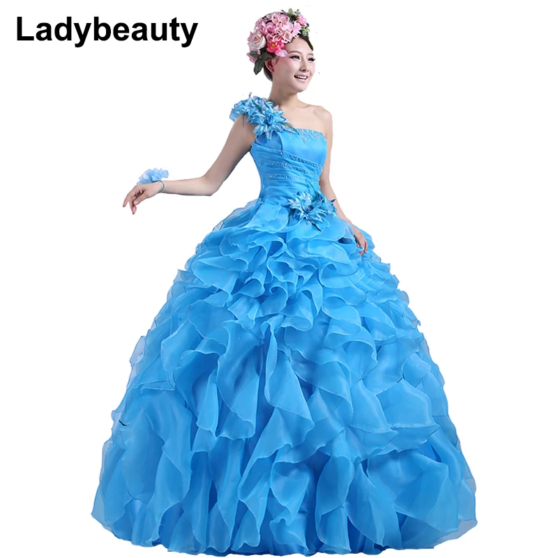 Ladybeauty 2019 New Colorful Organza A line Beading Ruched One Shoulder Wedding Dress Bride Beautiful lacing  Party Dresses