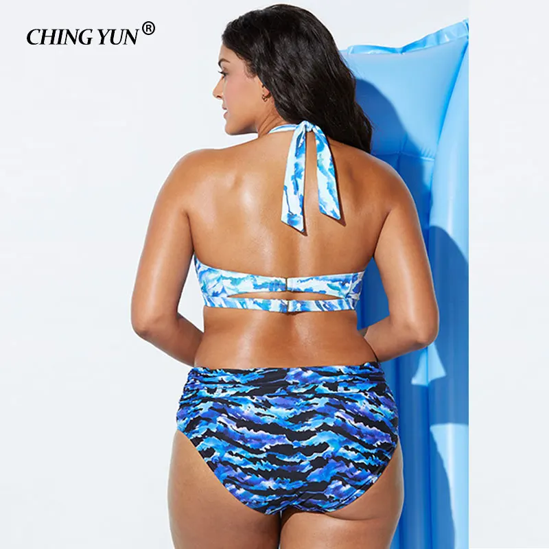 New Swimsuit Woman Swimwear Sexy Beach Beachwear Blue Stripes Halter Camouflage Bikinis Big Size High Waist Girls Loose Bathing