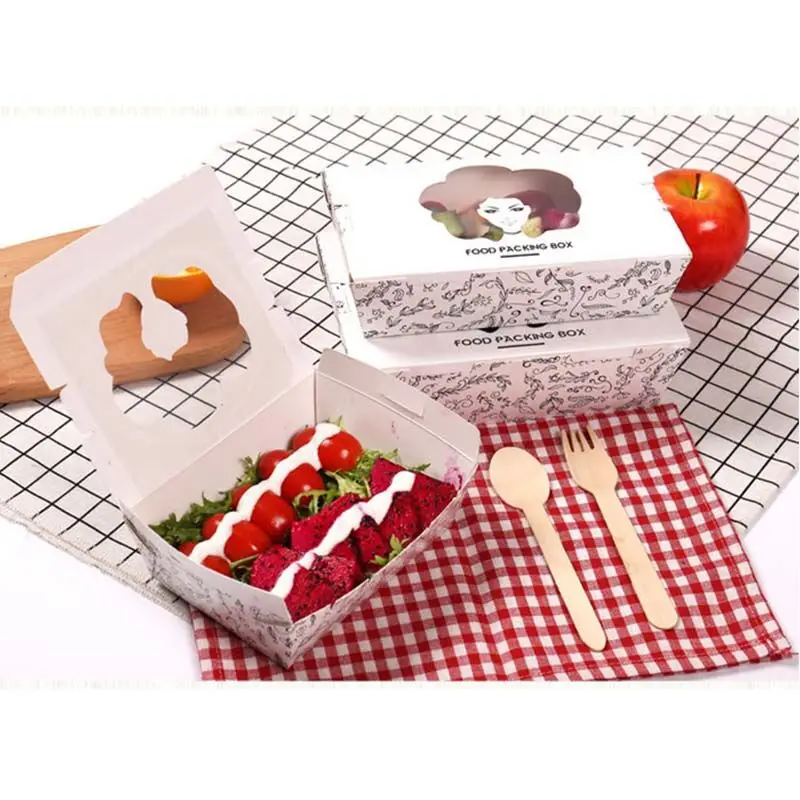 Disposable Lunch Box for Salad, Waterproof Box, Hollow Out, Fruits Packing Tools, Window Film Fast Food Tray, White Cardboard