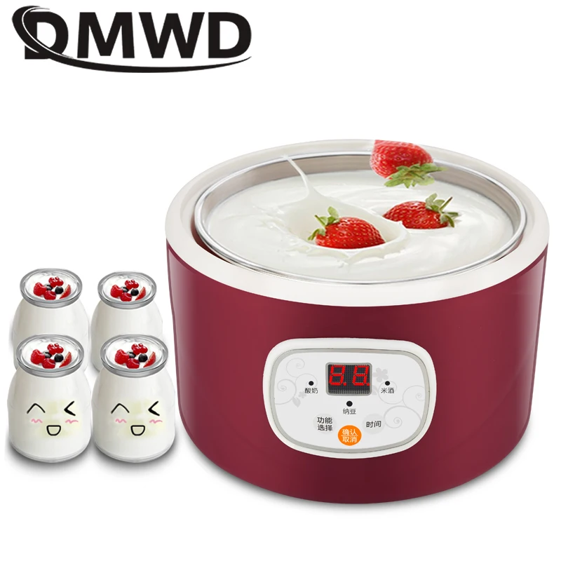 DMWD Automatic Electric Yogurt Maker Multifunction Stainless Steel Leben Container Natto Rice Wine Machine Four Yoghurt Cups 1L