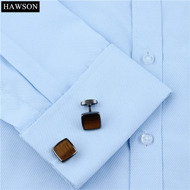 HAWSON Luxury Tiger\'s Eye Stone Cufflinks for Men Fashion Square Pattern Gun Plated Jewelry Cuff Button with Box
