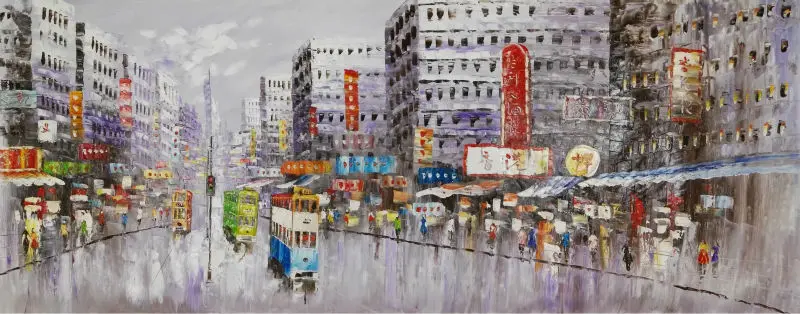 

Hand Painted Canvas Knife Oil Painting Abstract HongKong Trams Street Canvas Painting Wall Art Picture Painting for Living ROOM