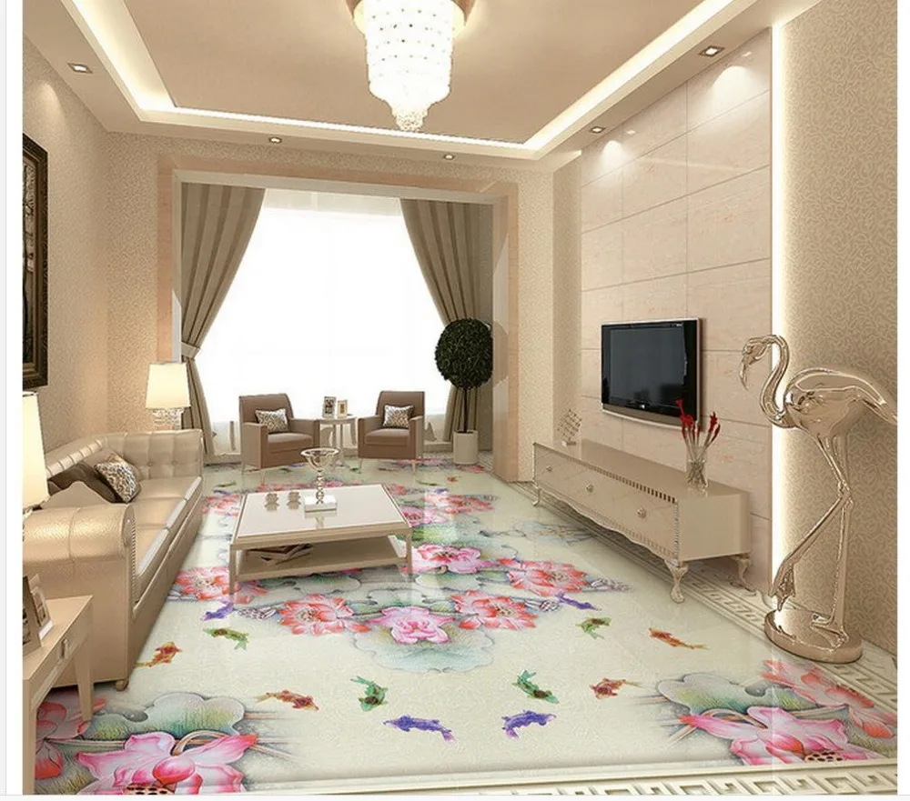 

waterproof wall murals Home Decoration 3D color carving lotus carp floor pvc self-adhesive wallpaper