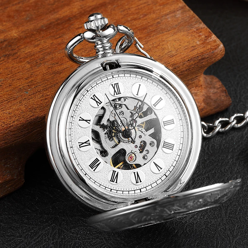 Vintage 2 Sides Open Case Mechanical Men's Watch Double Face Roman Dial Clock Hand Wind Pocket Watch With FOB Chain Gift