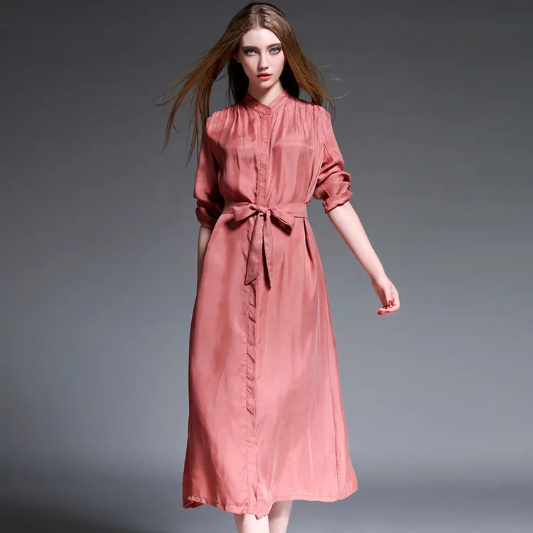 

2022 Summer Vintage Silk Maxi Long Sleeve Loose Female Women Dress Single Breasted Retro Slim Plus Size Vestido Feminino Sexy M