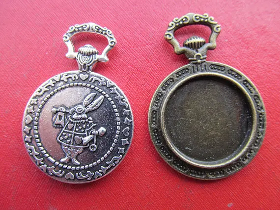 50pcs Antique Silver/Antique Bronze Vintage Rabbit Pocket Watch Base Setting Pendant Charm,20mm Cabochon/Cameo Tray Bezel