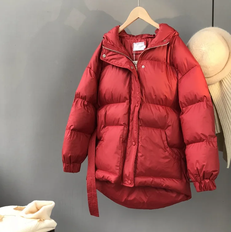 New fashion brand winter red color hooded warm coat female fluffy bread style thicker warm down cotton coat with belt wq777