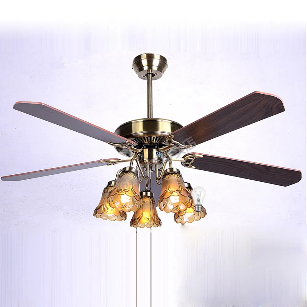 Ceiling Fan Lamp with 5 paddles and 5 Glass lamps 3 Speeds 52" Luxury European Vintage Dining Room Ceiling Fan Light