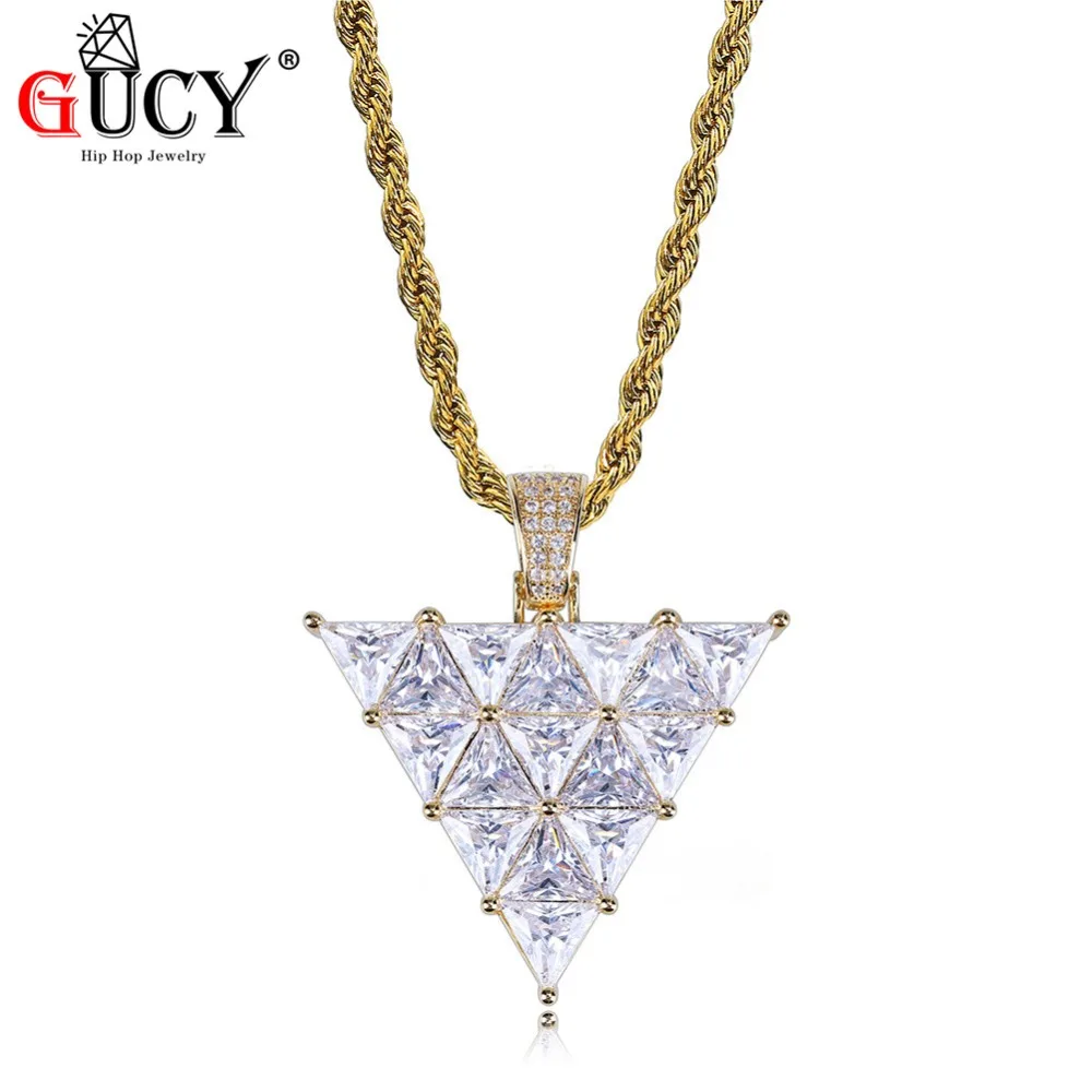 GUCY Hip Hop Inverted Triangle Pendant Necklace Copper Micro Pave AAA+ CZ Charm Jewelry For Men Women