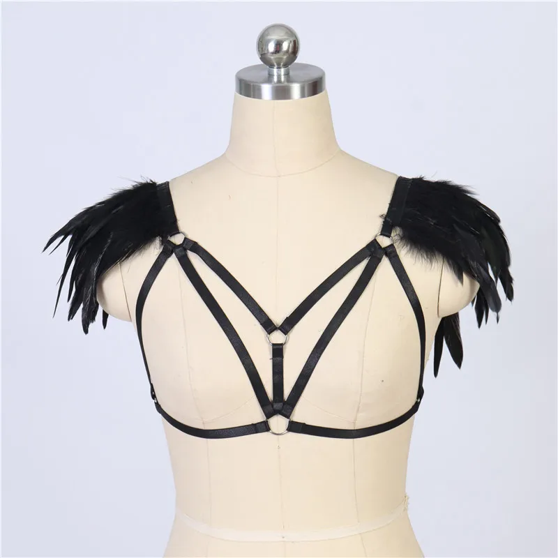 Feathers Epaulettes Shoulder Wings Festival Wear Harness Cage Bra Top Plus Size Body Cage Sexy Bondage Harness Lingerie Bodysuit