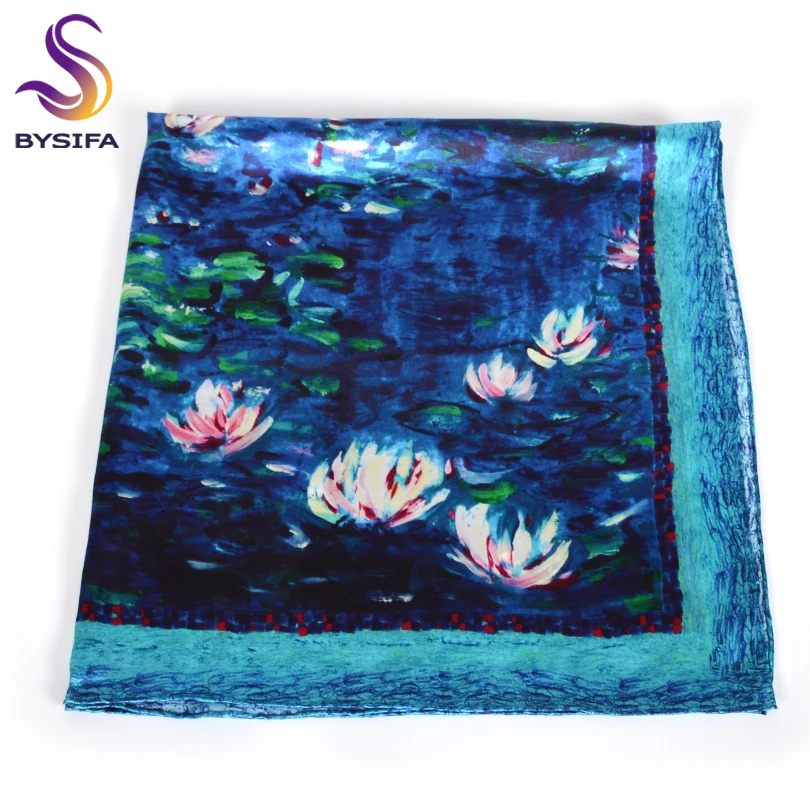 [BYSIFA] Women Silk Scarf Shawl Fall Winter Blue Neck Scarves New Oil Painting Lotus Pond Design 100% Silk Square Scarves88*88cm