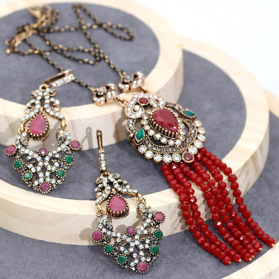 SUNSPICE MS Vintage Turkish Red Natural Stone Love Jewelry Sets Long Dangle Hook Earrings Crystal Charm Necklace Bead Tassels